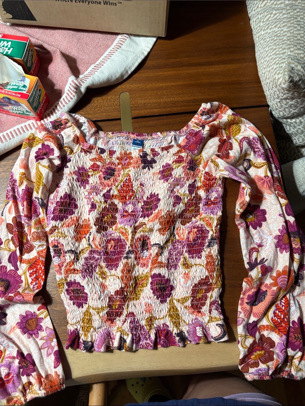 Old Navy Pink Multi Floral Smocked Long-Sleeve Top